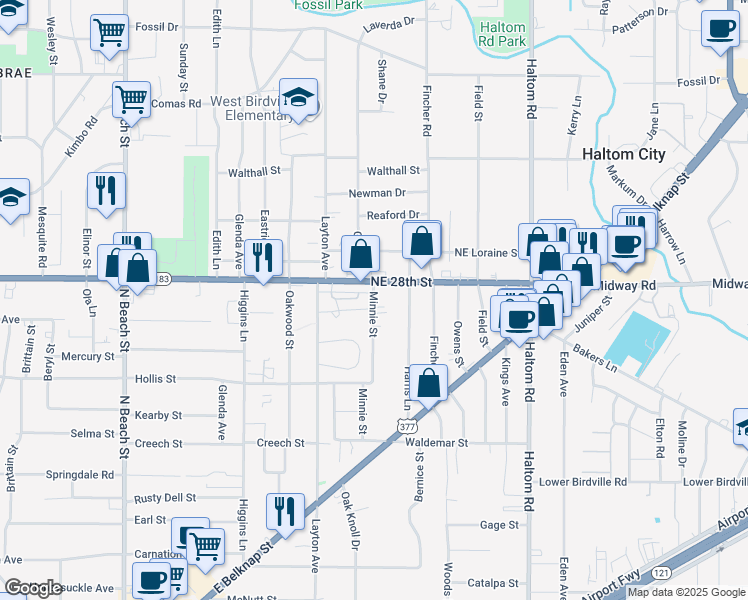 map of restaurants, bars, coffee shops, grocery stores, and more near 2336 Minnie Street in Haltom City