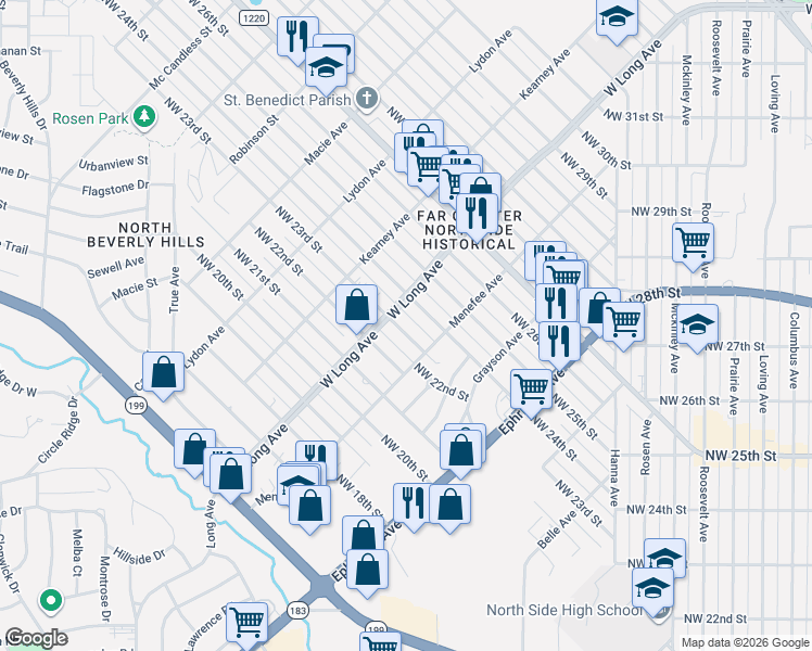 map of restaurants, bars, coffee shops, grocery stores, and more near 2614 Northwest 23rd Street in Fort Worth