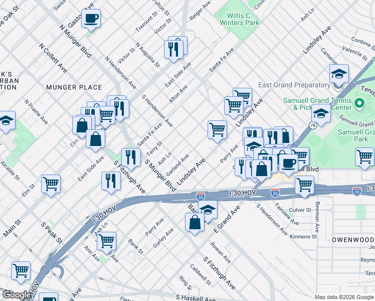 map of restaurants, bars, coffee shops, grocery stores, and more near 5222 Ash Lane in Dallas