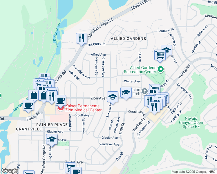 map of restaurants, bars, coffee shops, grocery stores, and more near 6702 Estrella Avenue in San Diego