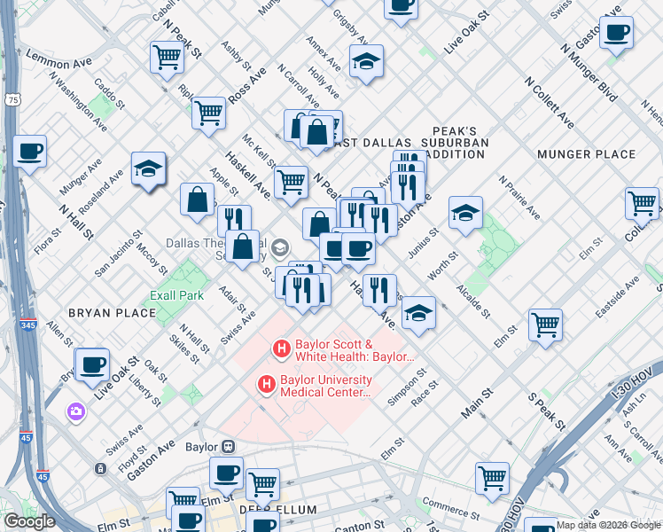 map of restaurants, bars, coffee shops, grocery stores, and more near 912 North Haskell Avenue in Dallas