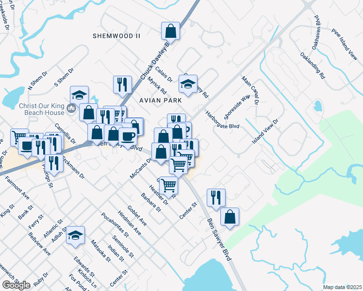 map of restaurants, bars, coffee shops, grocery stores, and more near 1025 Rifle Range Road in Mount Pleasant