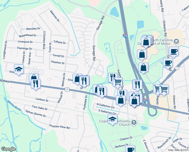 map of restaurants, bars, coffee shops, grocery stores, and more near 736 Savage Road in Charleston