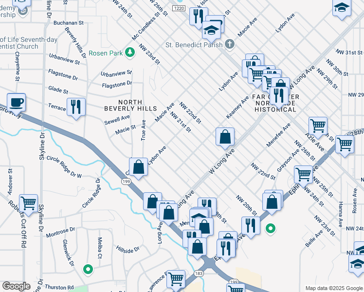 map of restaurants, bars, coffee shops, grocery stores, and more near 2813 Northwest 20th Street in Fort Worth