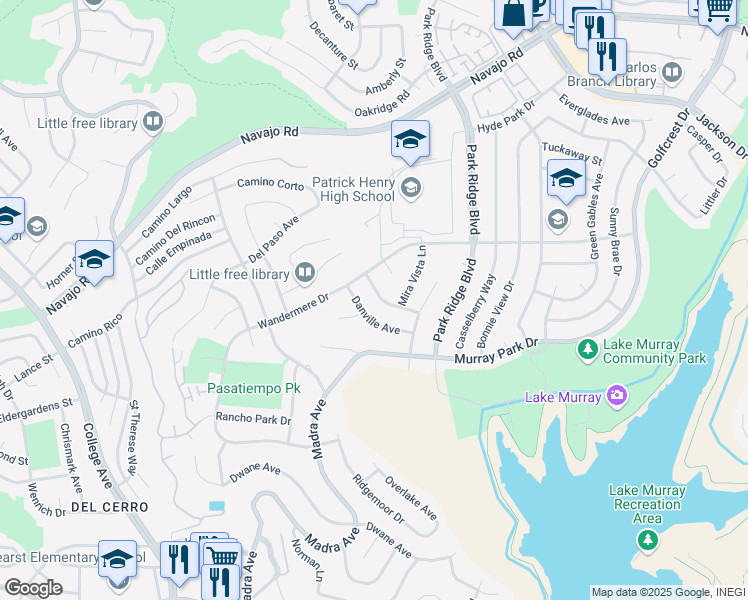 map of restaurants, bars, coffee shops, grocery stores, and more near 6641 Belle Haven Drive in San Diego