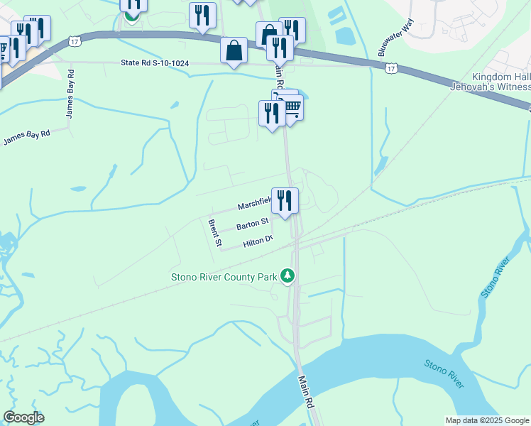 map of restaurants, bars, coffee shops, grocery stores, and more near 3627 Marshfield Road in Johns Island