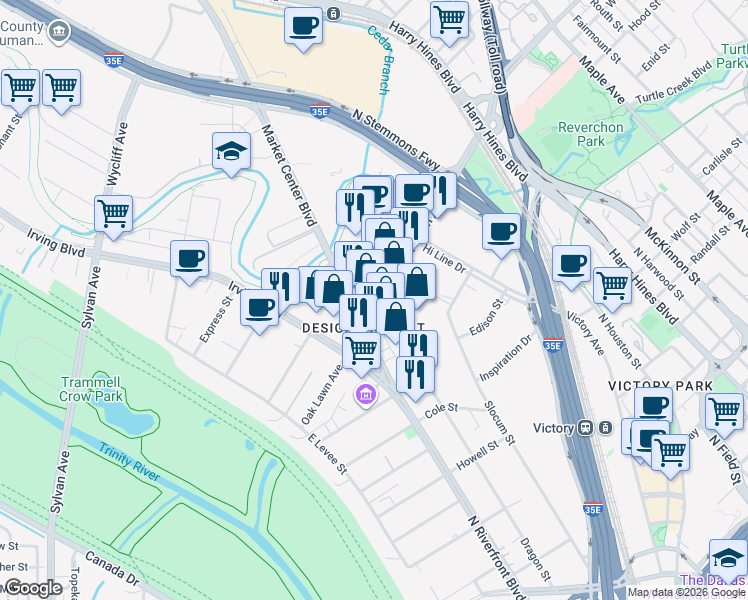 map of restaurants, bars, coffee shops, grocery stores, and more near 1333 Oak Lawn Avenue in Dallas