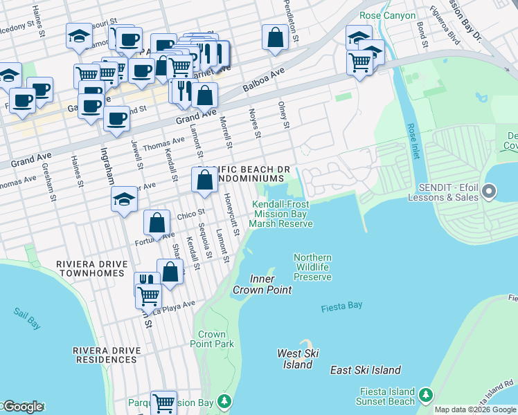 map of restaurants, bars, coffee shops, grocery stores, and more near 4007 Crown Point Drive in San Diego