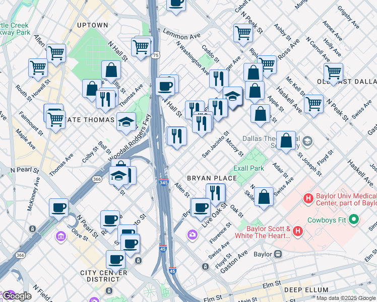 map of restaurants, bars, coffee shops, grocery stores, and more near 3200 Ross Avenue in Dallas