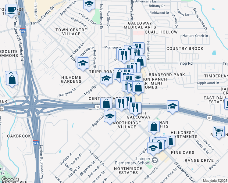 map of restaurants, bars, coffee shops, grocery stores, and more near 2144 Franklin Drive in Mesquite
