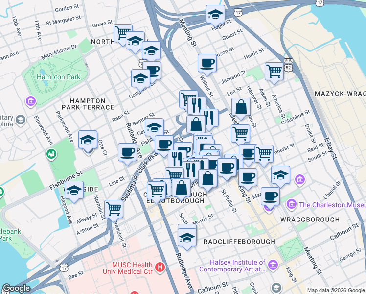 map of restaurants, bars, coffee shops, grocery stores, and more near 277 Coming Street in Charleston