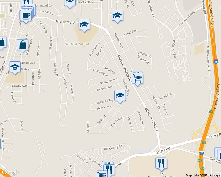 map of restaurants, bars, coffee shops, grocery stores, and more near 9241 Overton Avenue in San Diego