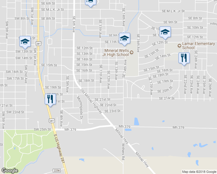 map of restaurants, bars, coffee shops, grocery stores, and more near 1298 Southeast 19th Street in Mineral Wells