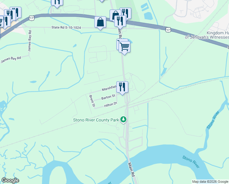 map of restaurants, bars, coffee shops, grocery stores, and more near 3614 Hilton Drive in Johns Island