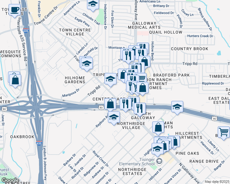 map of restaurants, bars, coffee shops, grocery stores, and more near 2144 Franklin Drive in Mesquite
