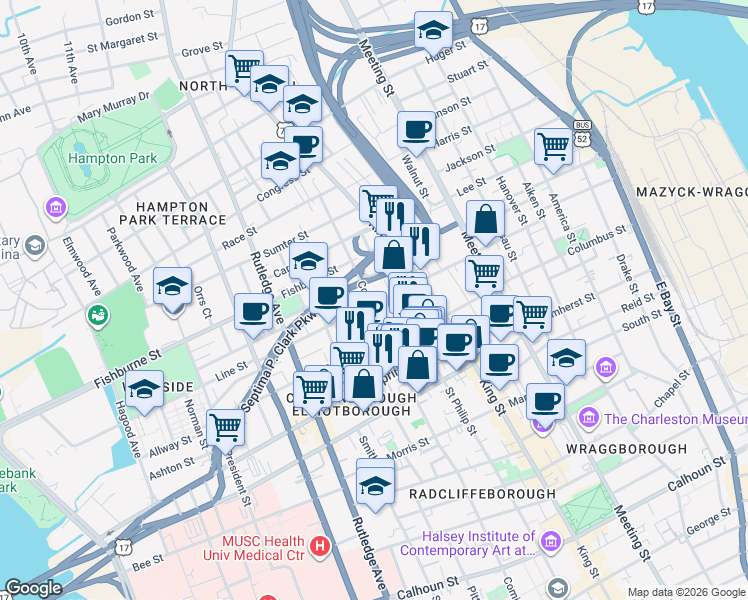 map of restaurants, bars, coffee shops, grocery stores, and more near 277 Coming Street in Charleston