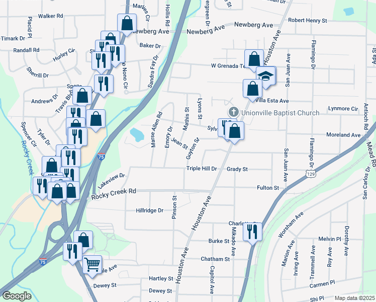 map of restaurants, bars, coffee shops, grocery stores, and more near 1110 Jean Street in Macon