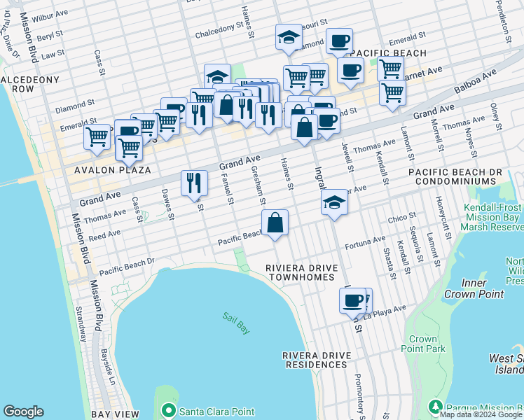 map of restaurants, bars, coffee shops, grocery stores, and more near 1376 Oliver Avenue in San Diego