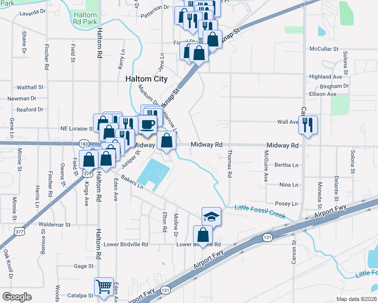 map of restaurants, bars, coffee shops, grocery stores, and more near 5504 Midway Road in Haltom City