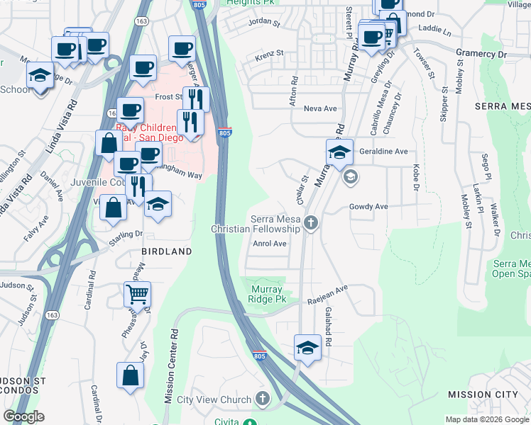 map of restaurants, bars, coffee shops, grocery stores, and more near 8650 Jenny Avenue in San Diego