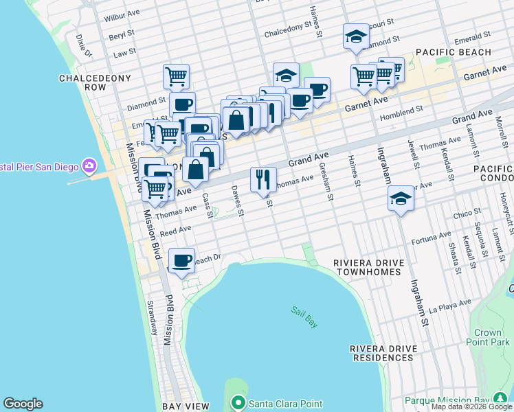 map of restaurants, bars, coffee shops, grocery stores, and more near 1146 Reed Avenue in San Diego