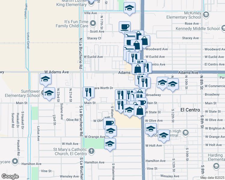 map of restaurants, bars, coffee shops, grocery stores, and more near 1659 West Barbara Worth Drive in El Centro