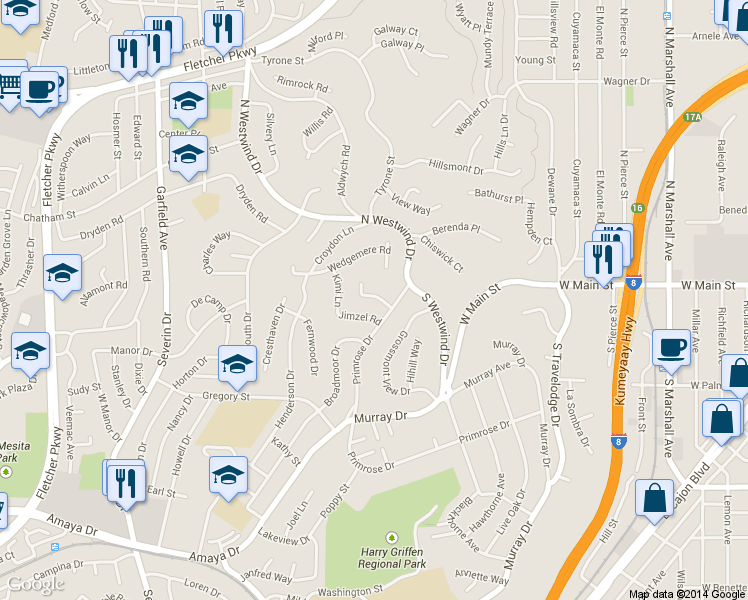map of restaurants, bars, coffee shops, grocery stores, and more near 9694 Wayfarer Drive in La Mesa
