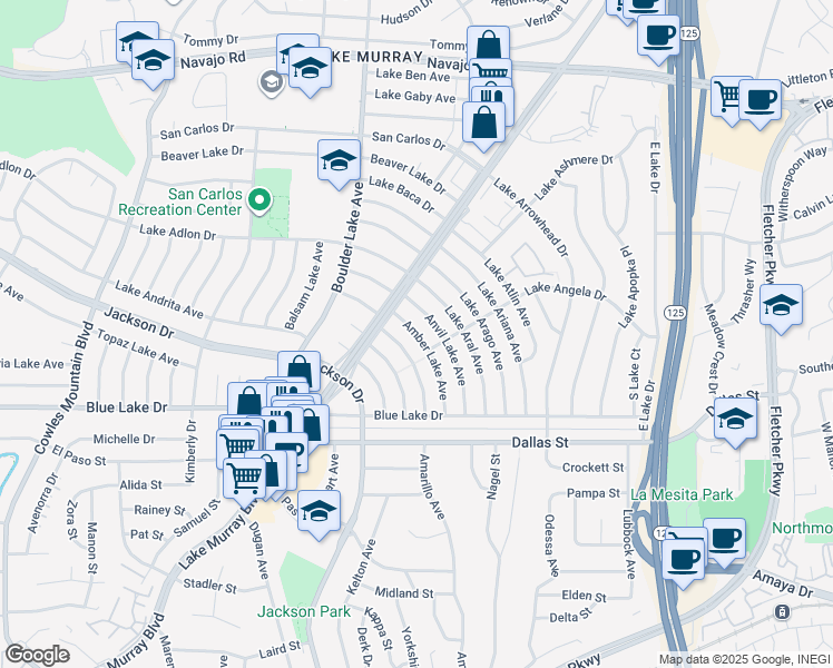 map of restaurants, bars, coffee shops, grocery stores, and more near 6363 Lake Albano Avenue in San Diego