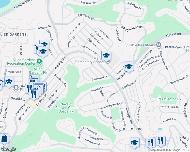 map of restaurants, bars, coffee shops, grocery stores, and more near 5690 Charter Avenue in San Diego