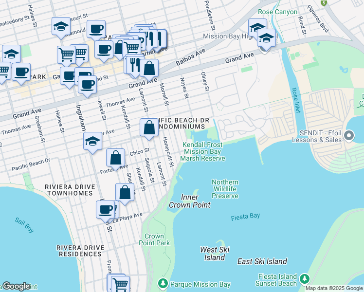 map of restaurants, bars, coffee shops, grocery stores, and more near 4023 Morrell Street in San Diego