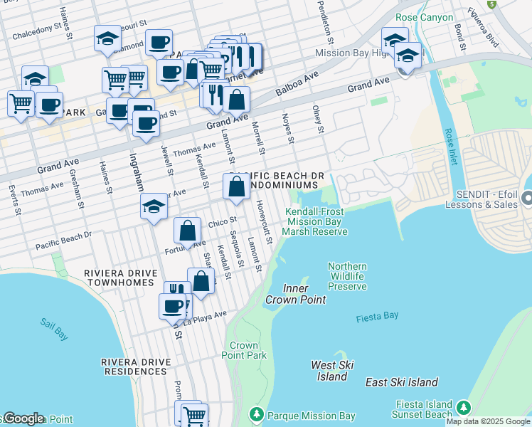 map of restaurants, bars, coffee shops, grocery stores, and more near 4036 Honeycutt Street in San Diego