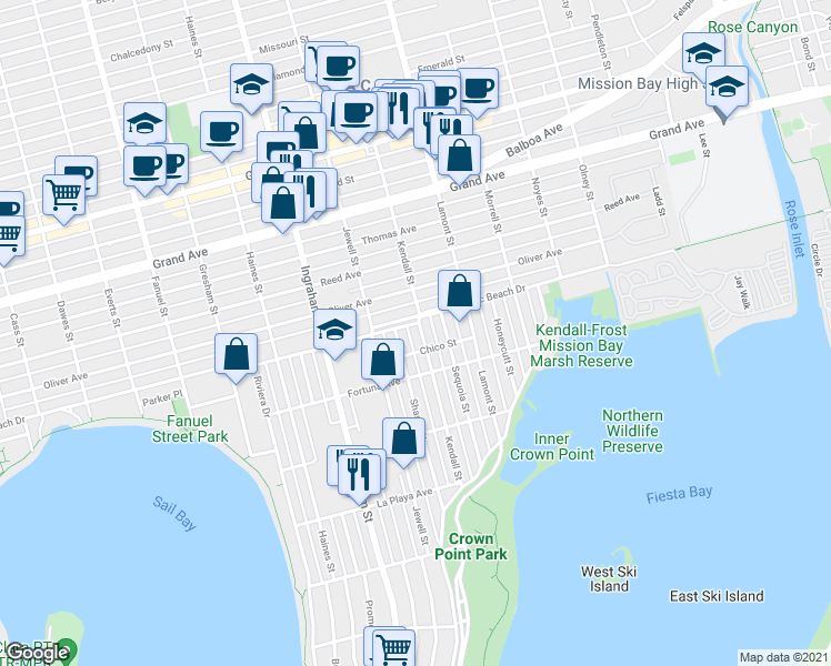 map of restaurants, bars, coffee shops, grocery stores, and more near 4080 Kendall Street in San Diego