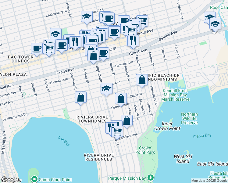 map of restaurants, bars, coffee shops, grocery stores, and more near 4109 Ingraham Street in San Diego