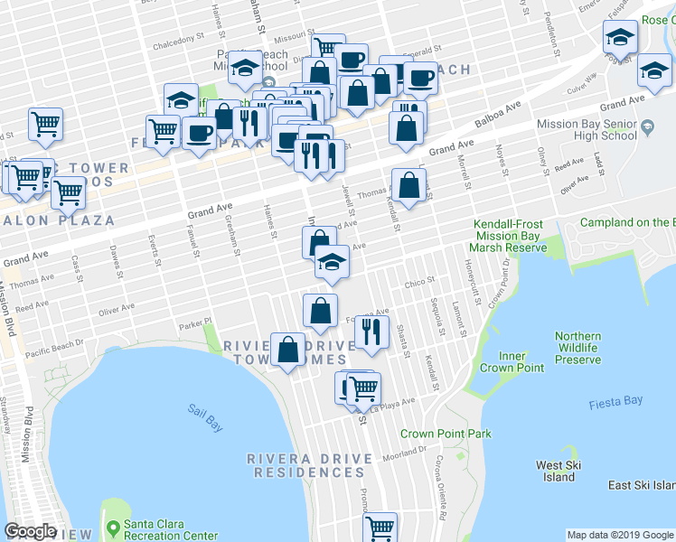 map of restaurants, bars, coffee shops, grocery stores, and more near in San Diego