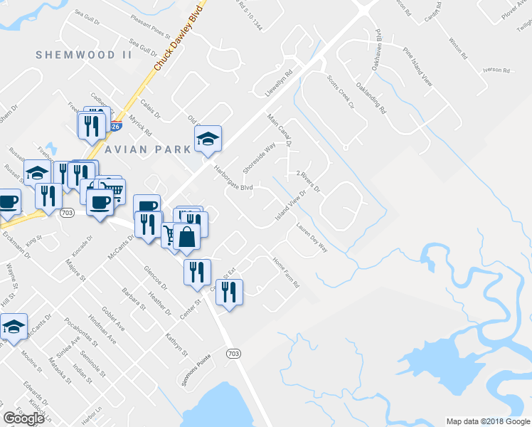map of restaurants, bars, coffee shops, grocery stores, and more near 1103 Ocean Breeze Court in Mount Pleasant