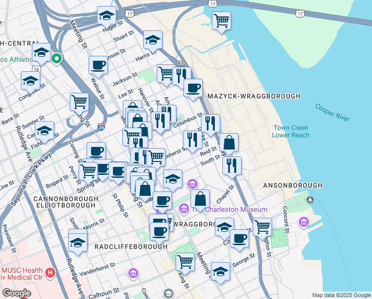 map of restaurants, bars, coffee shops, grocery stores, and more near in Charleston