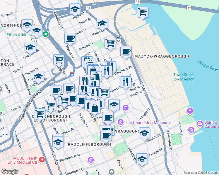 map of restaurants, bars, coffee shops, grocery stores, and more near 52 Nassau Street in Charleston