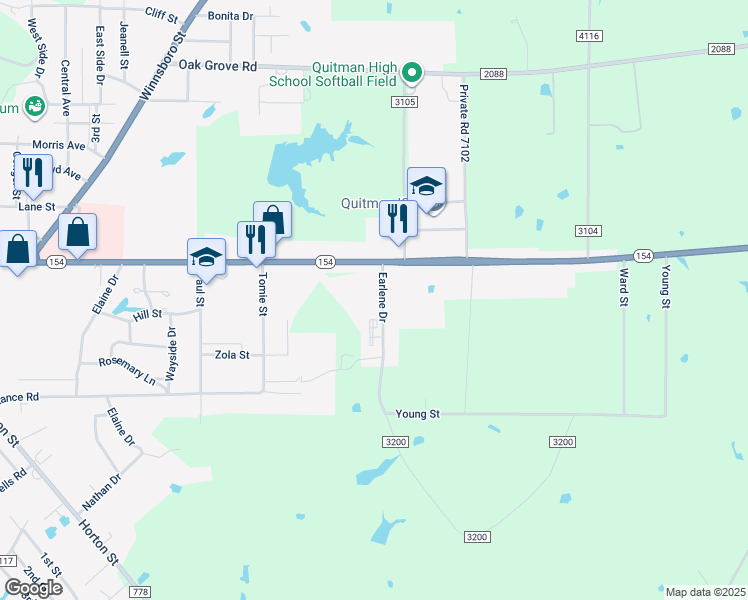 map of restaurants, bars, coffee shops, grocery stores, and more near 1101 E Goode St in Quitman