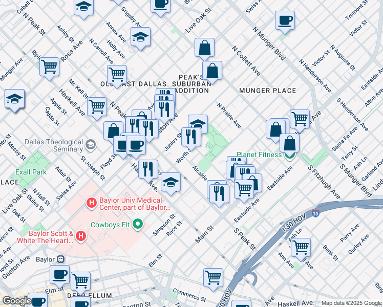 map of restaurants, bars, coffee shops, grocery stores, and more near 515 North Carroll Avenue in Dallas
