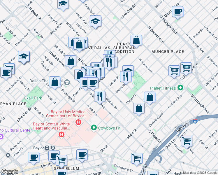 map of restaurants, bars, coffee shops, grocery stores, and more near 4304 Junius Street in Dallas