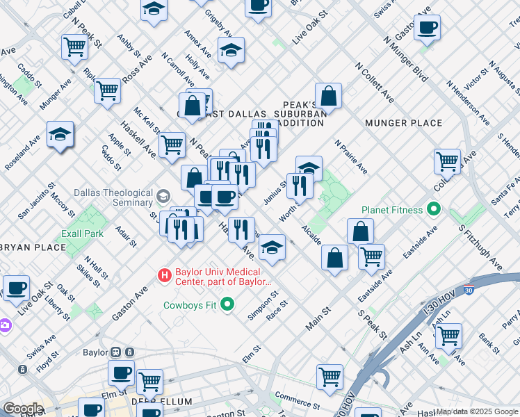 map of restaurants, bars, coffee shops, grocery stores, and more near 4304 Junius Street in Dallas