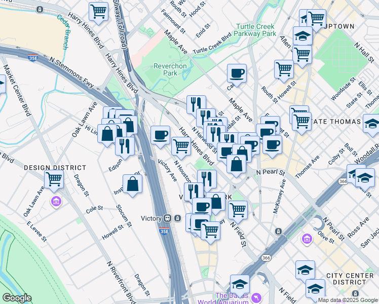 map of restaurants, bars, coffee shops, grocery stores, and more near 2922 Monterrey Plaza in Dallas