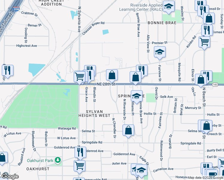 map of restaurants, bars, coffee shops, grocery stores, and more near 2329 North Chandler Drive East in Fort Worth