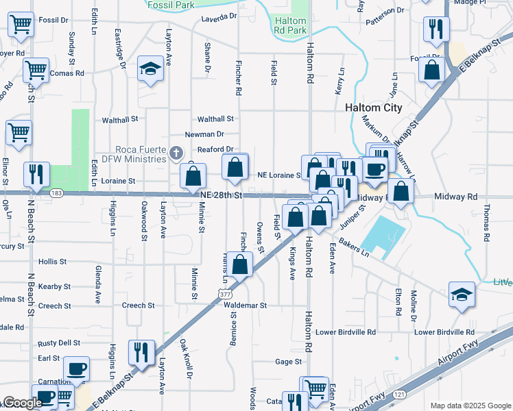 map of restaurants, bars, coffee shops, grocery stores, and more near 2341 Owens Street in Fort Worth