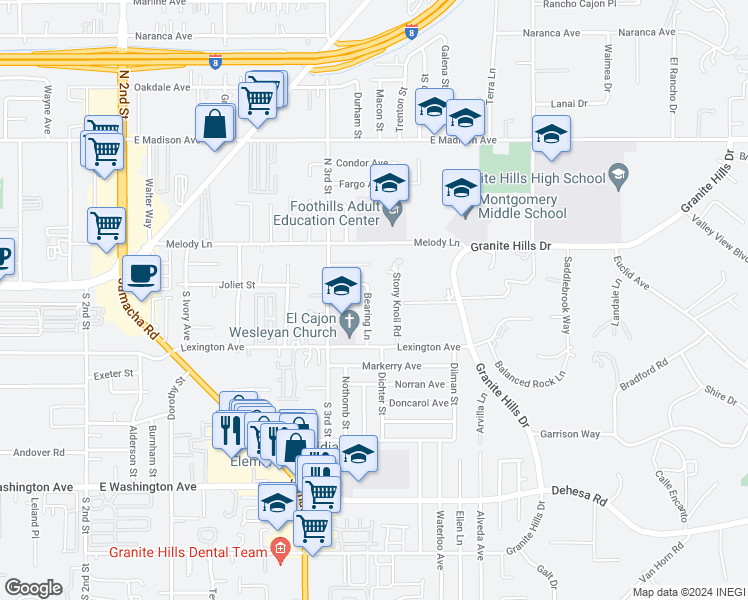 map of restaurants, bars, coffee shops, grocery stores, and more near 147 Bearing Lane in El Cajon