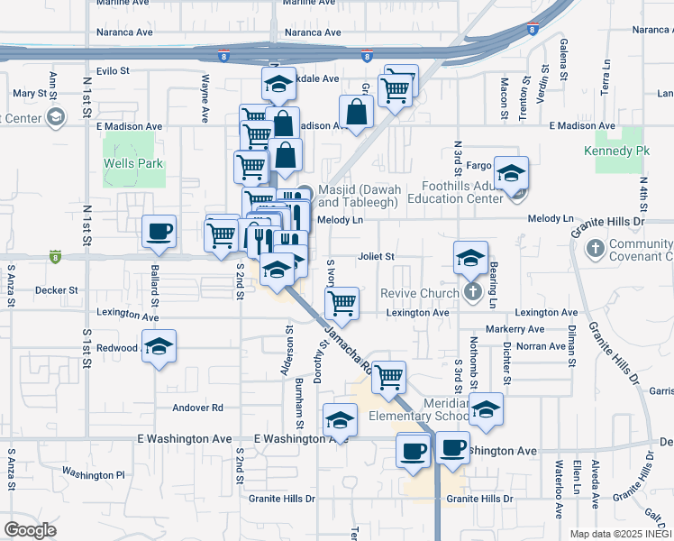 map of restaurants, bars, coffee shops, grocery stores, and more near 129 South Ivory Avenue in El Cajon