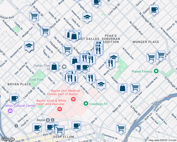 map of restaurants, bars, coffee shops, grocery stores, and more near 4130 Gaston Avenue in Dallas