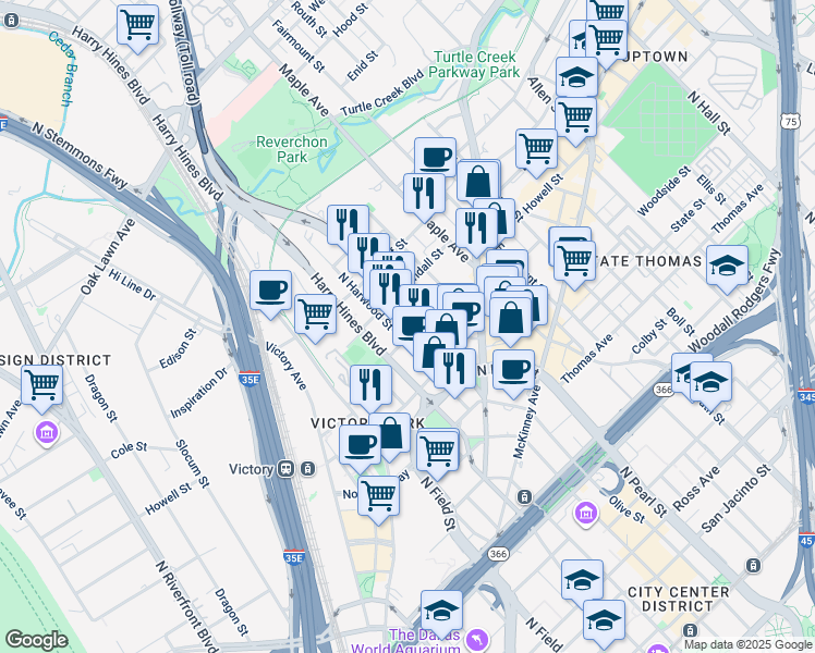 map of restaurants, bars, coffee shops, grocery stores, and more near 2828 North Harwood Street in Dallas
