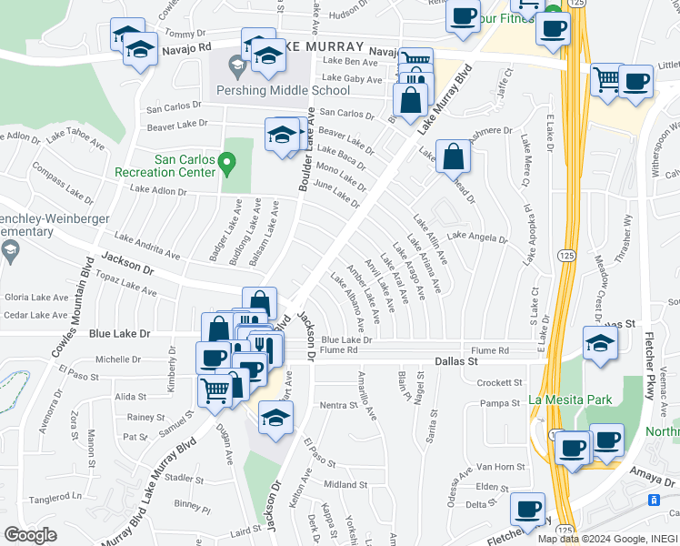 map of restaurants, bars, coffee shops, grocery stores, and more near 6363 Lake Albano Avenue in San Diego