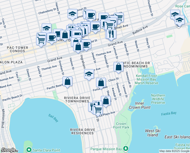 map of restaurants, bars, coffee shops, grocery stores, and more near 1656 Pacific Beach Drive in San Diego
